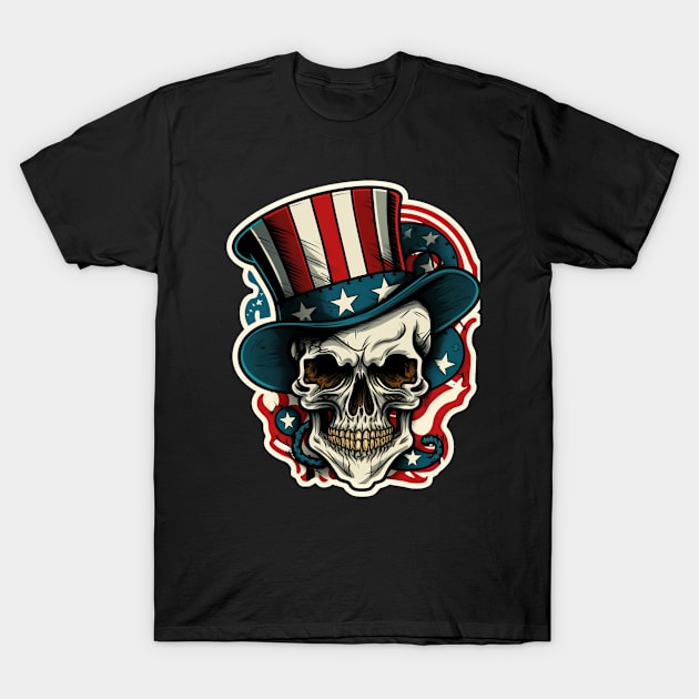 USA Proud Skull Top Hat Americana Tattoo Retro Flash Hipster Tattoo Patriot Old School T-Shirt by The Dirty Gringo